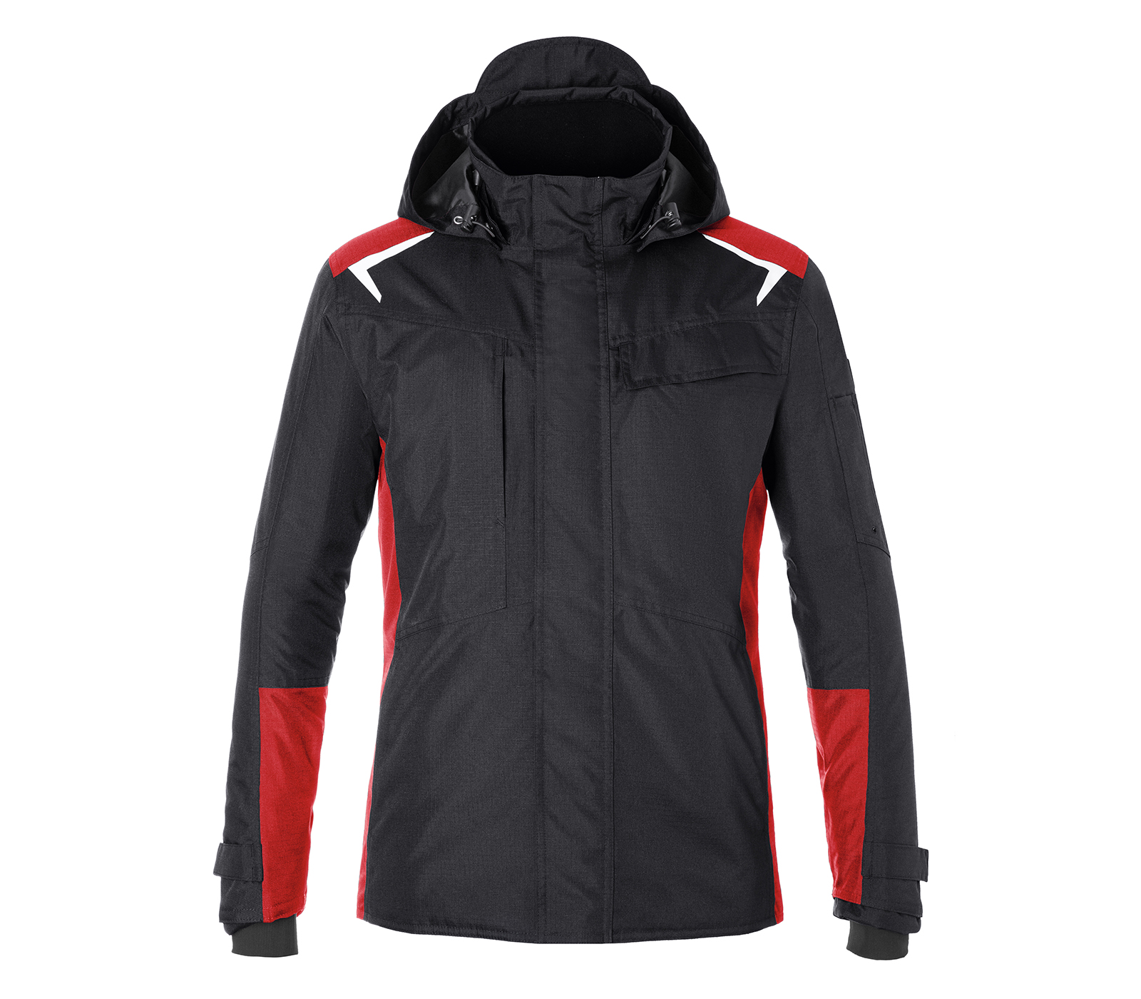 Črna zimska delovna jakna 115684 z rdečimi detajli in kapuco.