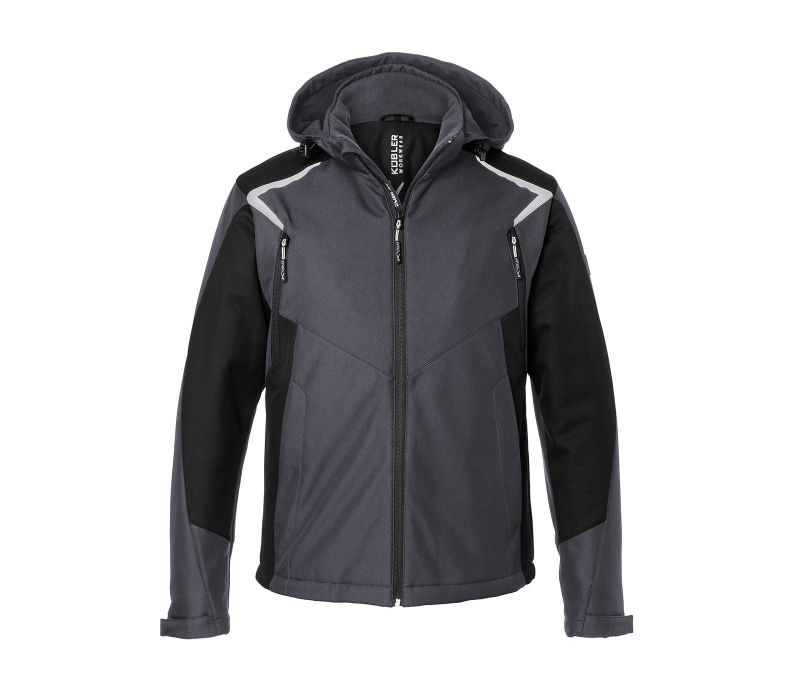 Zaščitna zimska delovna softshell jakna KUBLER v sivi in črni barvi s kapuco.